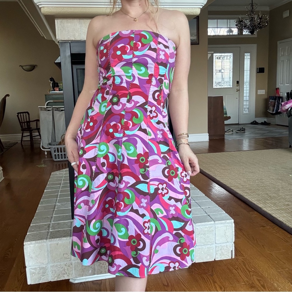 90s Strapless Paisley Floral Swirl Colorful Strapless Midi Dress Size 8